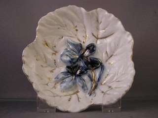 ANTIQUE PORCELAIN FLOW BLUE RAISED FLOWERS LEAF DISH  