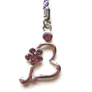   Camera Charm Strap Beautiful Silver Heart with Purple Diamond Flower