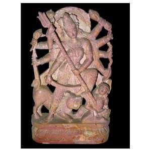  Durga Defeating Buffalo Pink Stone Sculpture 8 Inch