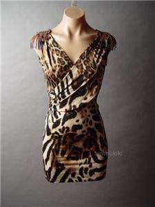 BEADED Fringe Leopard Print Faux Wrap Mini fp Dress M  