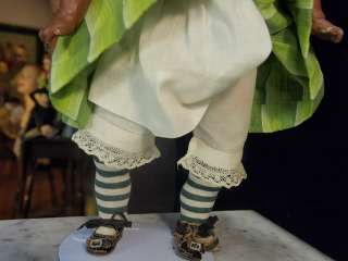   Composition Doll w Glass Eyes in Cute Green Striped Stockings  