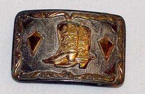   STERLING GOLD BELT BUCKLE MAKERS MARK BOOT HAND TOOLED OLD WEST