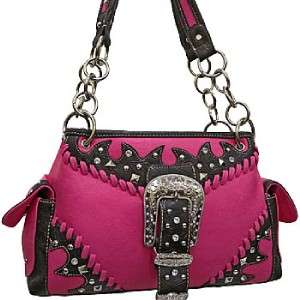 Fuchsia Hot Pink Black Western Tooled Rhinestone Belt Buckle Handbag 