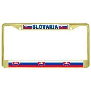   Slovakian Flag Gold Tone Metal License Plate Frame Holder Automotive