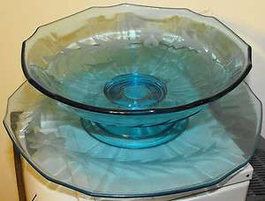 VINTAGE ICE BLUE GLASS 8.5 BOWL & UNDER 10 PLATE FLORAL ETCHED 