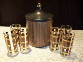   matching set of 6 tall drinking glasses and metal ice bucket