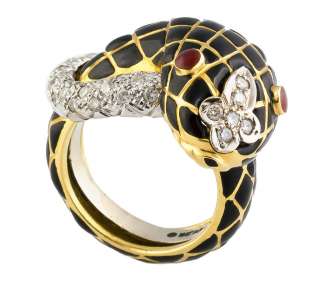 DAVID WEBB 18K Gold Diamond Enamel Snake Ring Size 6  