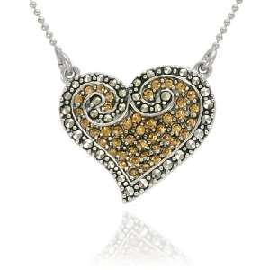   Silver Marcasite Champagne Crystal Pave Heart Necklace, 17 Jewelry