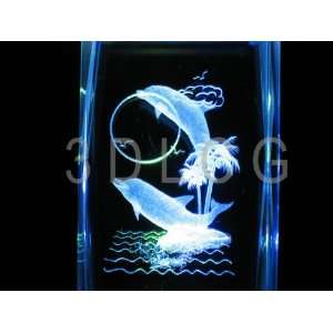  Dolphins with Full Moon 3D Laser Etched Crystal 