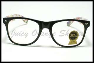 COLORFUL FLORAL Design CLEAR Lens 80s Retro Fashion Eyeglasses BLACK 