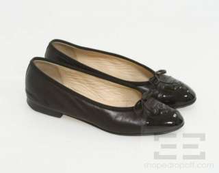 Chanel Black Leather & Patent Monogram Cap Toe Flats Size 36.5  
