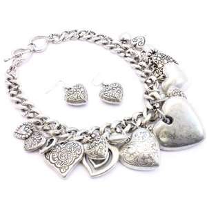   Dangling Silvertone Hearts Charm Necklace Earring Set Jewelry