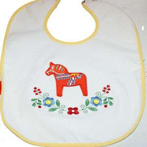 Swedish Dala Horse & Flowers Baby Bib Embroidered  