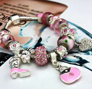 g2b pink charm bracelet w crystal,heart,bead,17 charms  