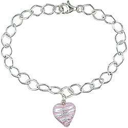 Silver Murano Glass Pink Heart Charm Bracelet  