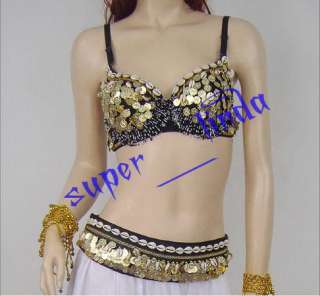 Quality belly dance costume 2 pics bra&belt black gold  
