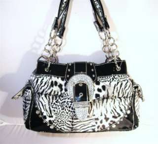 Black & White Leopard Rhinestone Buckle Western Cowgirl Purse Handbag 