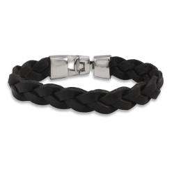 Stainless Steel and Black Leather Braided Bracelet  