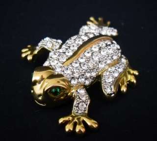 Vintage Frog Crystal Rhinestone Gold Tone Brooch Pin  