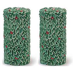 Round Holly Leaf Berry Pillar Candles (Set of 2)  
