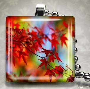 Red Autumn Maple Leaves Glass Pendant Necklace 359 L  