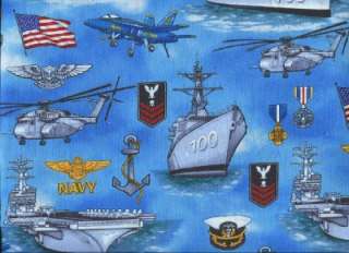 UNITED WE STAND NAVY SHIPS PLANES Cotton Quilt Fabric  