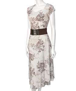 Adi Designs Cream & Brown Floral Cap Sleeve Dress  