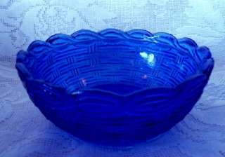 Vintage Cobalt Blue Basket Weave Pressed Glass Bowl  