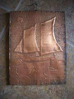 SAILBOAT ON TIN WALL PLAQUE RAISED ETCHING HANDMADE  