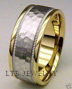14K MENS TWO TONE GOLD WEDDING BAND RING HAMMERED 7MM  