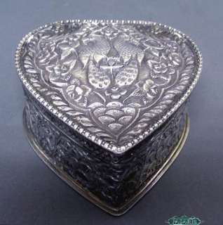 Persian Silver Love Peacocks Heart Jewelry Box Ca 1900  