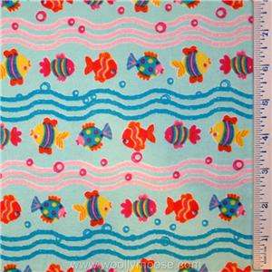   Striped Dotted FISH in Wavy Rows on BLUE SOFT Flannel Fabric 1/2 YARD