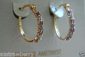   Sterling Silver 925 genuine Amethyst diamond hoop earrings NEW box