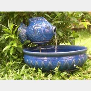  Solar Powered Terra Cotta Fish Fountain   Blue Glaze 