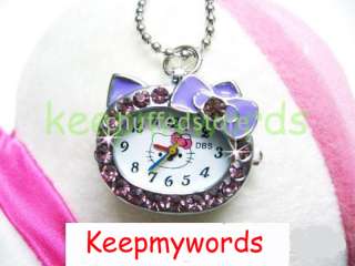 DBS Hello Kitty Czech Stones Crystal Necklace Pendant Pocket Watch 