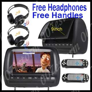 Black Dual 9 LCD Car Pillow Headrest Radio DVD Player+Headphones 