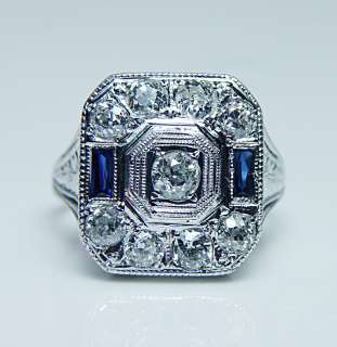 Antique 1ct Old European Diamond French Sapphire Ring 18K White Gold 
