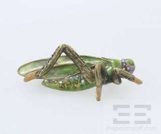 Jay Strongwater Green & Crystal Jeweled Grasshopper Brooch Pin  