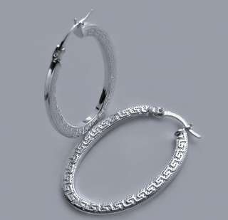 Greek Key Oval Hoop Earrings 925 Sterling Silver 2  