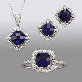Sapphire and Diamond Pendant, Earring and Ring Box Set. 10K White Gold 