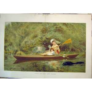   1879 Colour Print Mother Child River Boat Dog Paddling