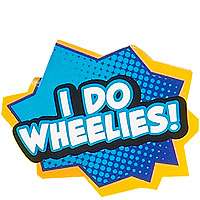   chuck wears a smile and cheerfully pops a wheelie while you play