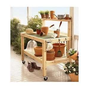   Wood Potting Bench With Iron Mesh Work Surface Patio, Lawn & Garden