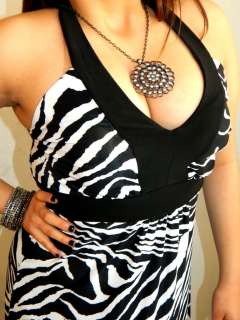 SEXY PINUP GOTH LOW CLEAVAGE PROM STRETCH ZEBRA LONG MAXI HALTER DRESS 