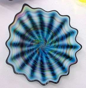   BLOWN GLASS ART WALL PLATTER BOWL BLUE MULTI COLOR #2351 ONEIL  
