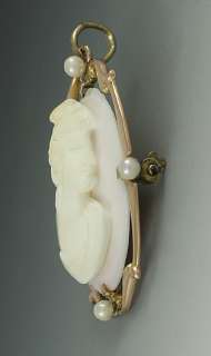 CARVED SHELL CAMEO 10K GOLD & PEARL PIN/PENDANT  