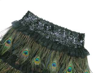 womens GENUINE NATURAL PEACOCK FEATHER BLACK SEQUIN PARTY LACE SKIRT 