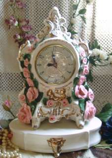 Vintage Shabby PINK ROSE Chic CLOCK Gold SCROLL Electric MANTEL Clocks 