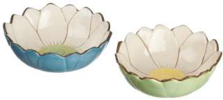 This set of 12 glazed daisy shaped bowls come as 6 of each color shown 