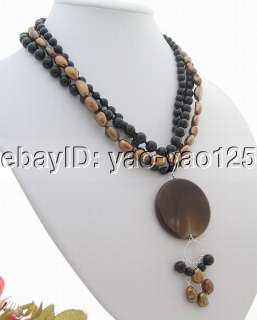Beautiful  3Strds Brown Pearl&Onyx&Jasper Pendant Necklace